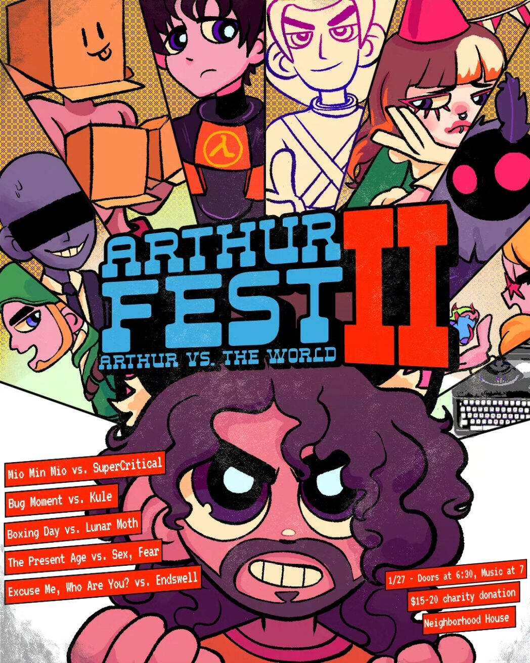 Arthurfest II poster which reads Arthurfest II, Arthur vs the World. Cartoon artwork showcases Arthur dressed as Scott Pilgrim. Above him are cartoons of characters representing and referencing the bands playing at the battle.